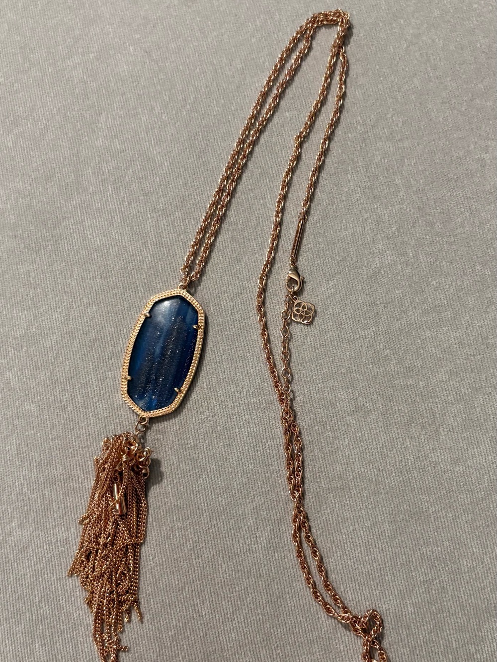 Kendra Scott Rose Gold Pendant Necklace in Navy Stone with Tassel
